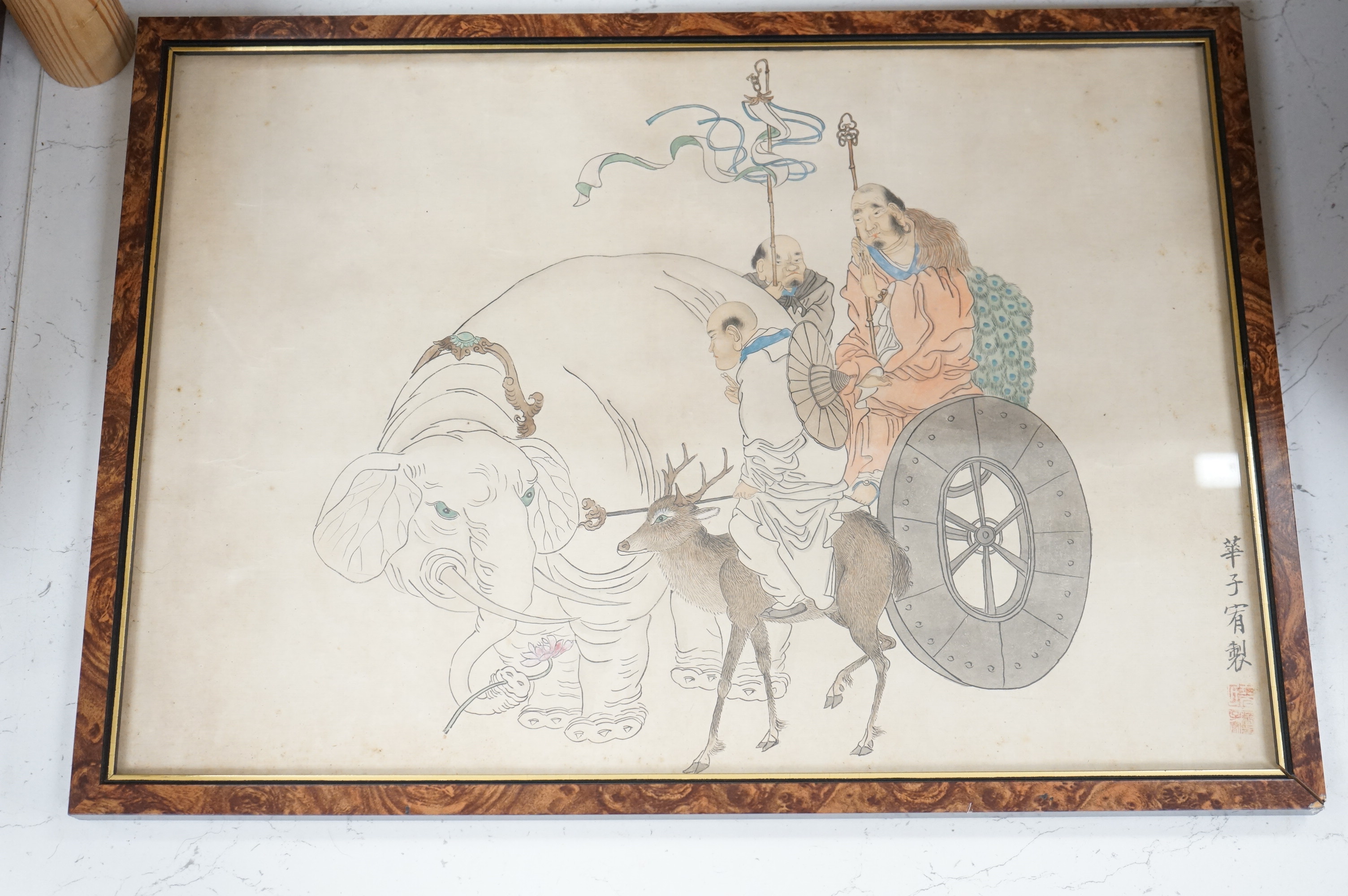 19th century, Chinese School, Figural and animal studies, three watercolours on printed bases, with character marks, 29 x 42cm